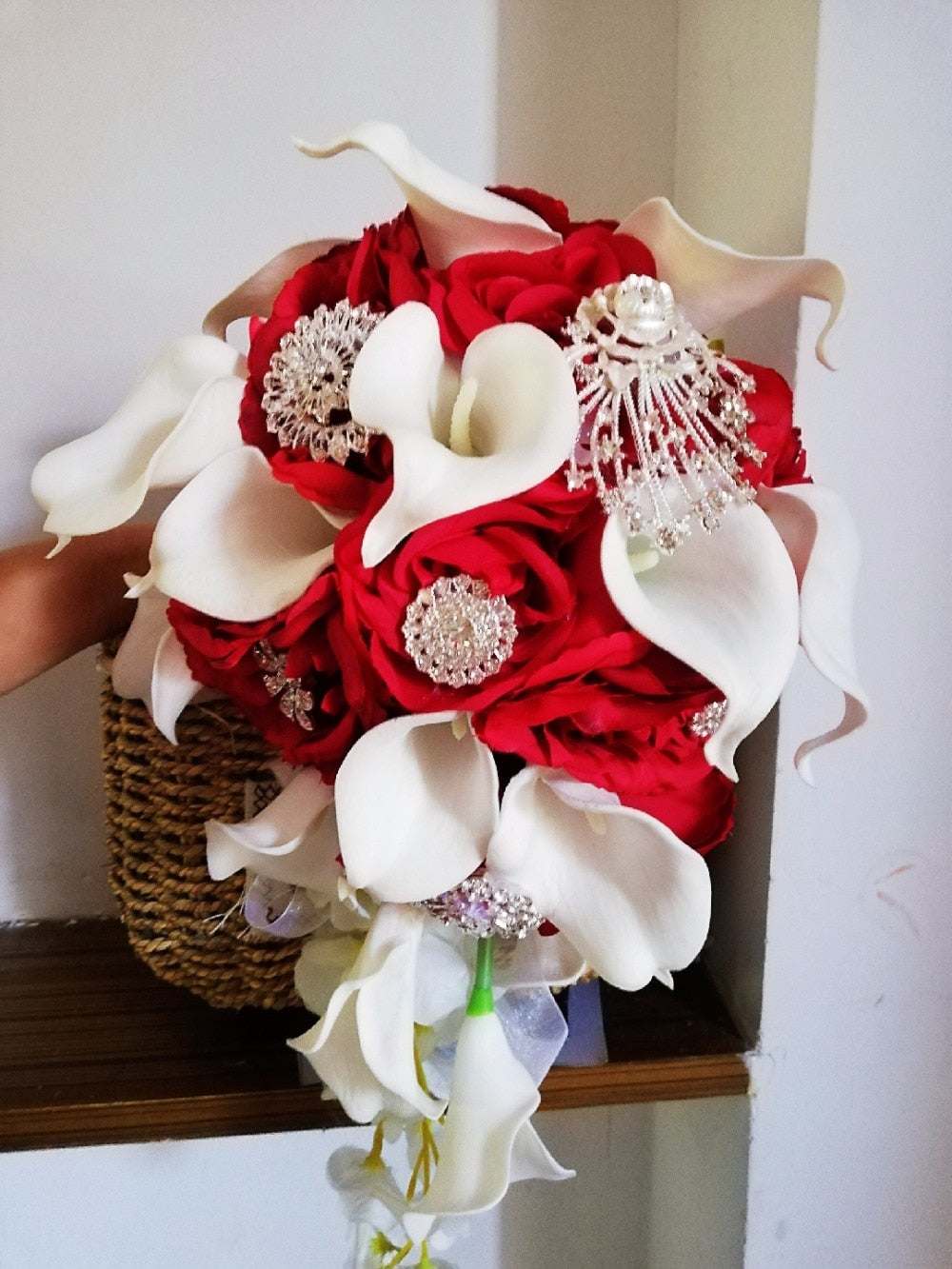 Waterfall Red Bridal Artificial Pearls Crystal Wedding Bouquets - Acapparelstore