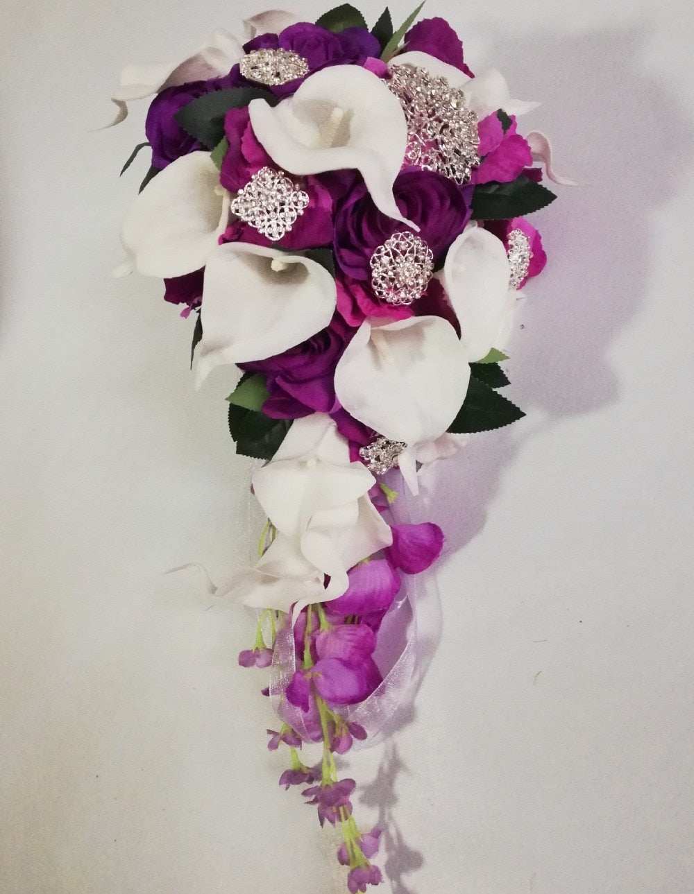 Waterfall Red Bridal Artificial Pearls Crystal Wedding Bouquets - Acapparelstore
