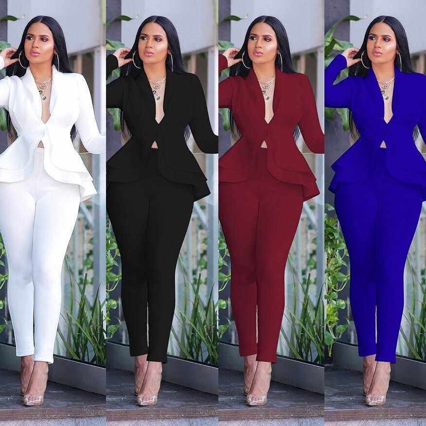 New Elegant Women's Winter Ruffles Blazers Pencil Pants Suits - Acapparelstore