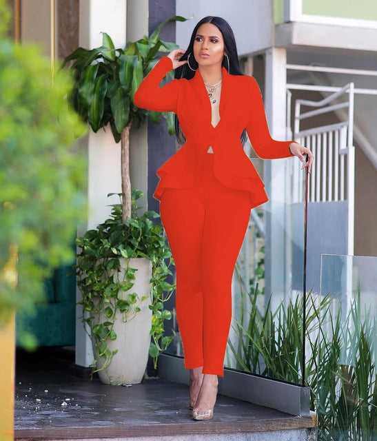 New Elegant Women's Winter Ruffles Blazers Pencil Pants Suits - Acapparelstore
