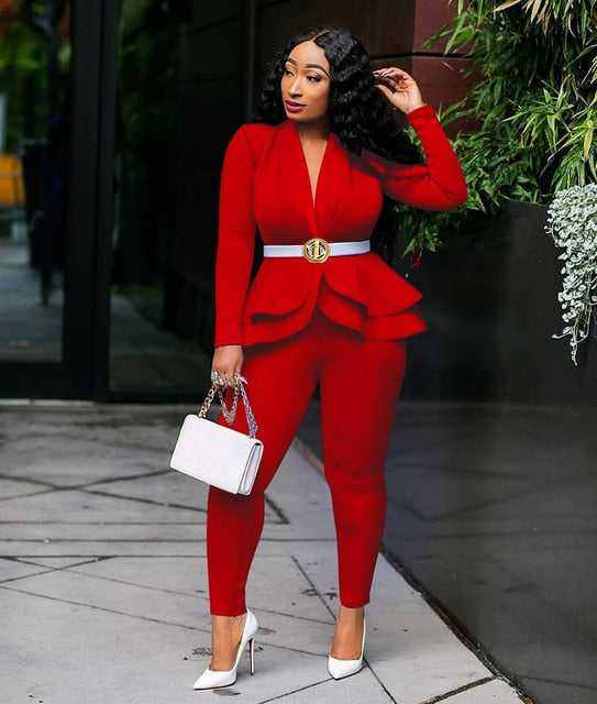 New Elegant Women's Winter Ruffles Blazers Pencil Pants Suits - Acapparelstore