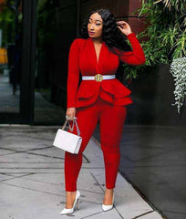 New Elegant Women's Winter Ruffles Blazers Pencil Pants Suits - Acapparelstore