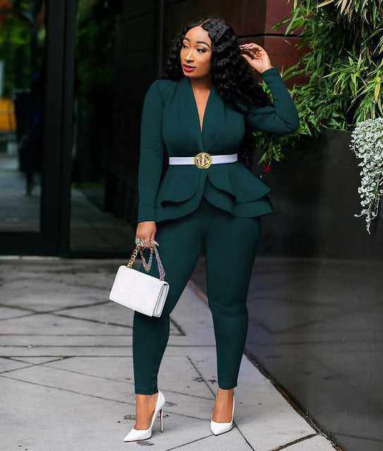 New Elegant Women's Winter Ruffles Blazers Pencil Pants Suits - Acapparelstore