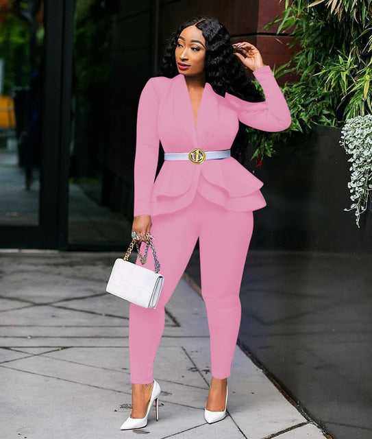 New Elegant Women's Winter Ruffles Blazers Pencil Pants Suits - Acapparelstore