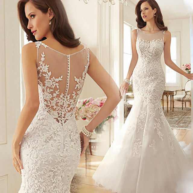 New Bride Dress Strapless Mermaid Lace White Wedding Dresses - Acapparelstore