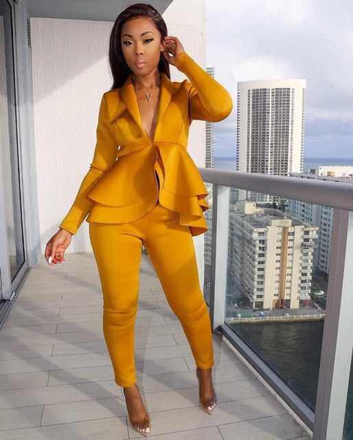 New Elegant Women's Winter Ruffles Blazers Pencil Pants Suits - Acapparelstore