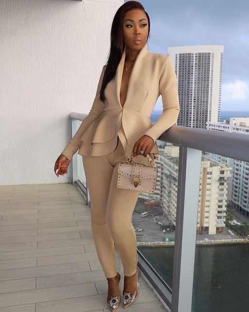 New Elegant Women's Winter Ruffles Blazers Pencil Pants Suits - Acapparelstore