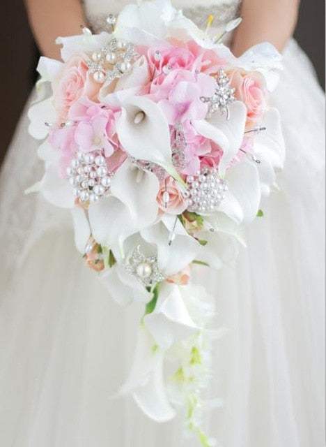 Waterfall Red Wedding Flowers Bridal Bouquets Artificial Pearls - Acapparelstore