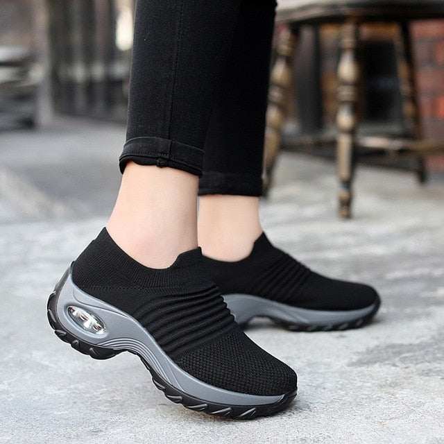 Spring Women's Sneakers-Flat Slip on Platform Sneakers Black Breathable Mesh Sock Sneakers - Acapparelstore