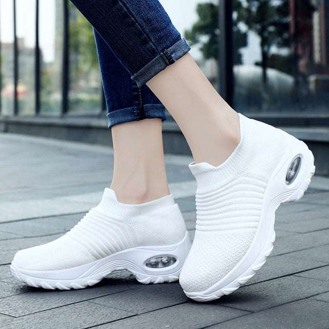 Spring Women's Sneakers-Flat Slip on Platform Sneakers Black Breathable Mesh Sock Sneakers - Acapparelstore