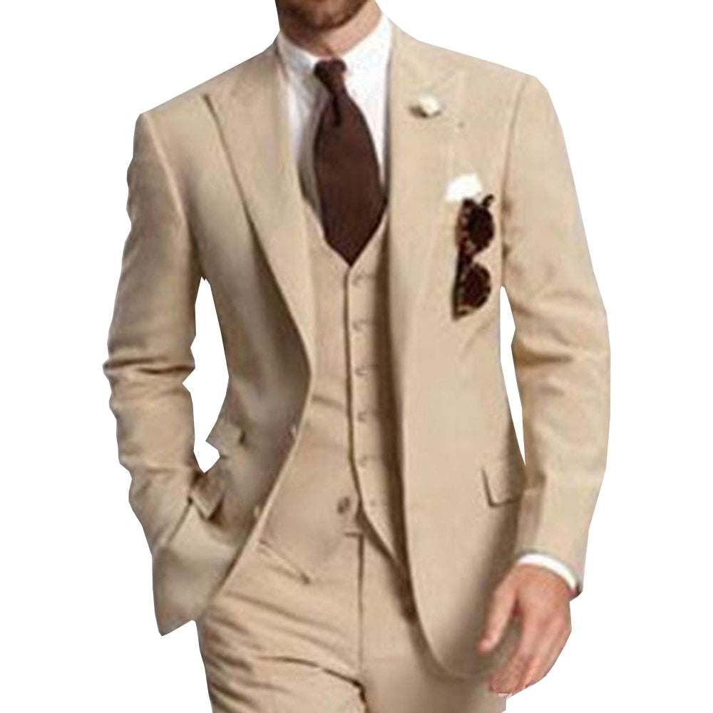 Men Suits Peaked LapelBeige Three Piece Business Party Best Men Suits Peaked Lapel Two Butto