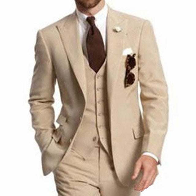 Men Suits Peaked LapelBeige Three Piece Business Party Best Men Suits Peaked Lapel Two Butto