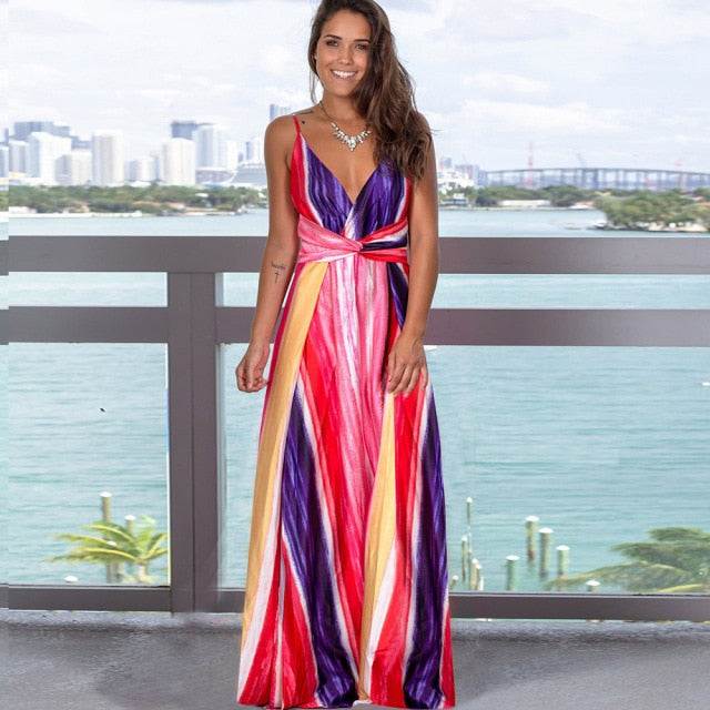Elegant Long Sexy Beach Dress Women New High Waist Sleeveless V Neck Dress - Acapparelstore