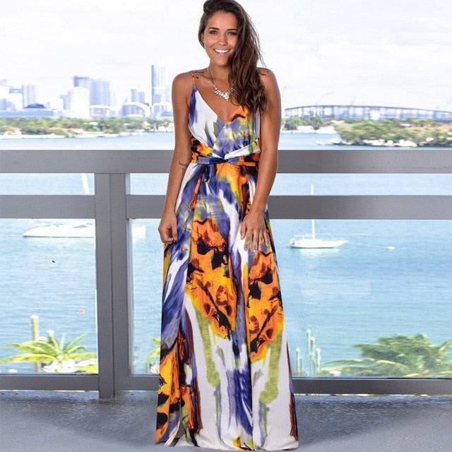 Elegant Long Sexy Beach Dress Women New High Waist Sleeveless V Neck Dress - Acapparelstore