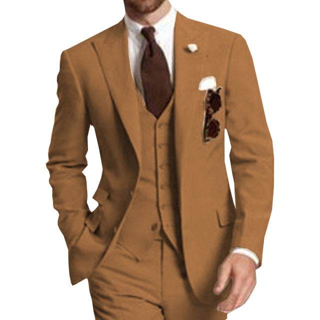Men Suits Peaked LapelBeige Three Piece Business Party Best Men Suits Peaked Lapel Two Butto