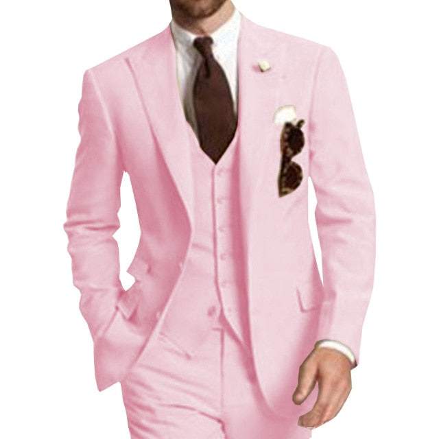 Men Suits Peaked LapelBeige Three Piece Business Party Best Men Suits Peaked Lapel Two Butto