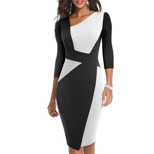 Vintage Women Patchwork Asymmetrical Collar Dress Elegant Sheath Slim Dress - Acapparelstore