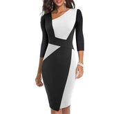 Vintage Women Patchwork Asymmetrical Collar Dress Elegant Sheath Slim Dress - Acapparelstore