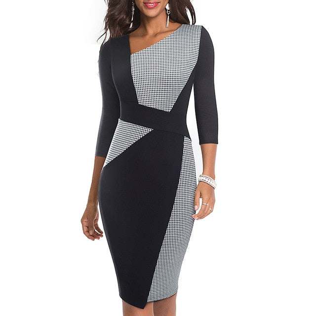 Vintage Women Patchwork Asymmetrical Collar Dress Elegant Sheath Slim Dress - Acapparelstore