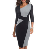 Vintage Women Patchwork Asymmetrical Collar Dress Elegant Sheath Slim Dress - Acapparelstore
