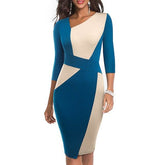 Vintage Women Patchwork Asymmetrical Collar Dress Elegant Sheath Slim Dress - Acapparelstore