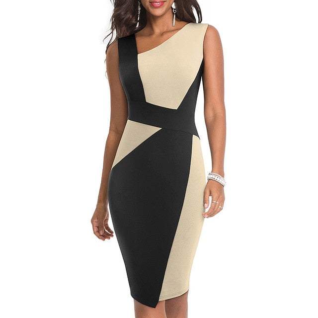 Vintage Women Patchwork Asymmetrical Collar Dress Elegant Sheath Slim Dress - Acapparelstore