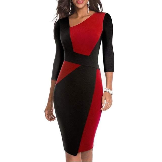 Vintage Women Patchwork Asymmetrical Collar Dress Elegant Sheath Slim Dress - Acapparelstore