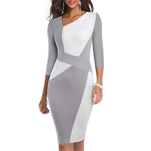 Vintage Women Patchwork Asymmetrical Collar Dress Elegant Sheath Slim Dress - Acapparelstore