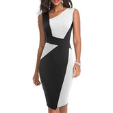 Vintage Women Patchwork Asymmetrical Collar Dress Elegant Sheath Slim Dress - Acapparelstore