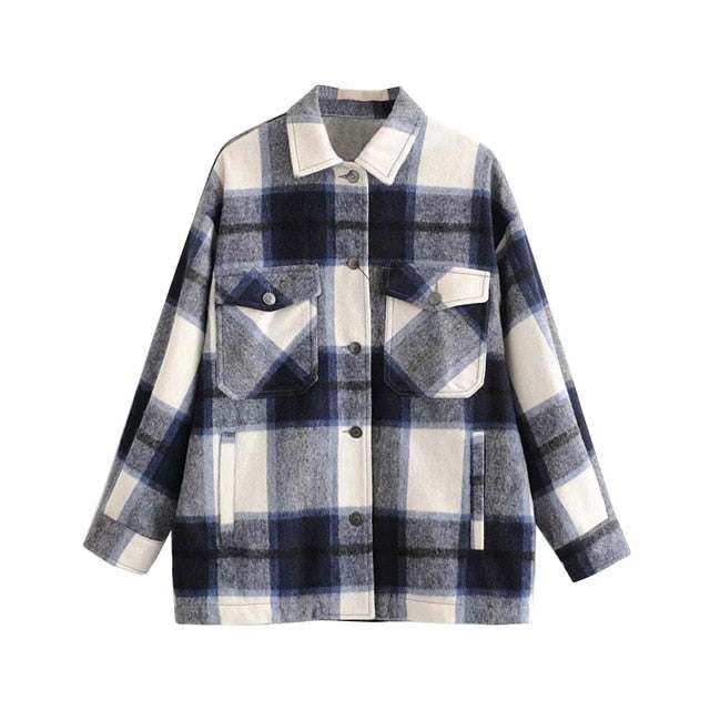 Vintage Stylish Pockets Oversized Plaid Coat 2020 Fashion Lapel CollarWomen&