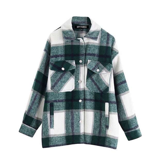 Vintage Stylish Pockets Oversized Plaid Coat 2020 Fashion Lapel CollarWomen&