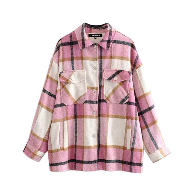 Vintage Stylish Pockets Oversized Plaid Coat 2020 Fashion Lapel CollarWomen&