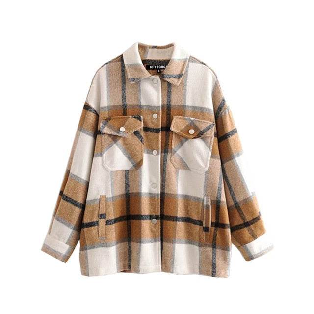 Vintage Stylish Pockets Oversized Plaid Coat 2020 Fashion Lapel CollarWomen&