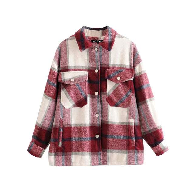 Vintage Stylish Pockets Oversized Plaid Coat 2020 Fashion Lapel CollarWomen's Vintage Stylish Pockets Oversized Plaid Coat 2020 Fashion Lape
