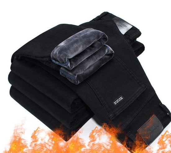 Fashion Winter Jeans Black Color Slim Fit Stretch Thick PantsMen&