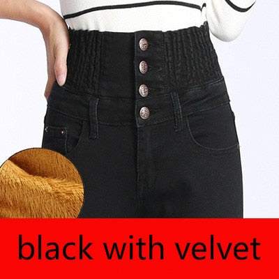 Winter Jeans High Waist Skinny Pants Fleece Lined Elastic WaistWomen&