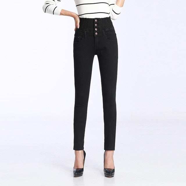 Winter Jeans High Waist Skinny Pants Fleece Lined Elastic WaistWomen&