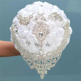 White Wedding Bride Holding Flowers Artificial Bouquet Ribbon Rhinestone Pearl - Acapparelstore