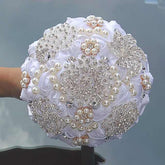 White Wedding Bride Holding Flowers Artificial Bouquet Ribbon Rhinestone Pearl - Acapparelstore
