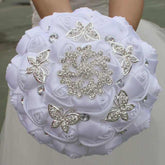 White Wedding Bride Holding Flowers Artificial Bouquet Ribbon Rhinestone Pearl - Acapparelstore