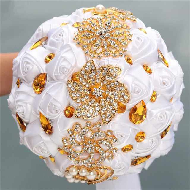 White Wedding Bride Holding Flowers Artificial Bouquet Ribbon Rhinestone Pearl - Acapparelstore