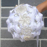 White Wedding Bride Holding Flowers Artificial Bouquet Ribbon Rhinestone Pearl - Acapparelstore