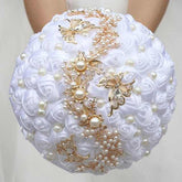White Wedding Bride Holding Flowers Artificial Bouquet Ribbon Rhinestone Pearl - Acapparelstore