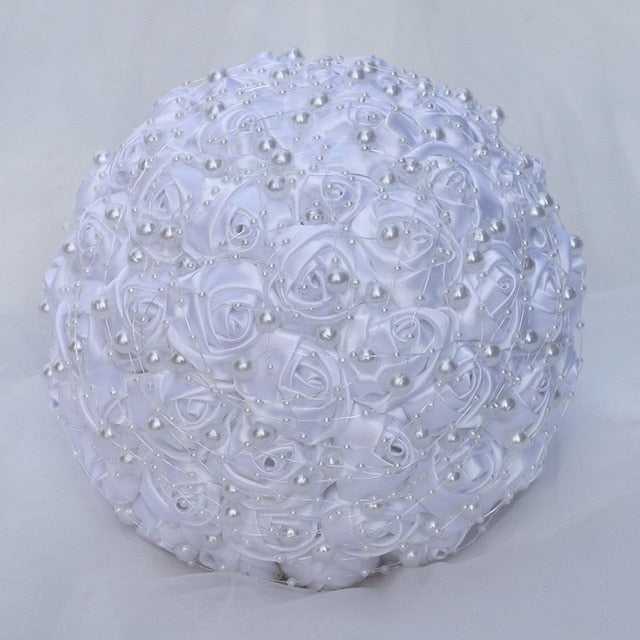 White Wedding Bride Holding Flowers Artificial Bouquet Ribbon Rhinestone Pearl - Acapparelstore