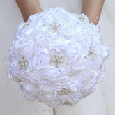 White Wedding Bride Holding Flowers Artificial Bouquet Ribbon Rhinestone Pearl - Acapparelstore