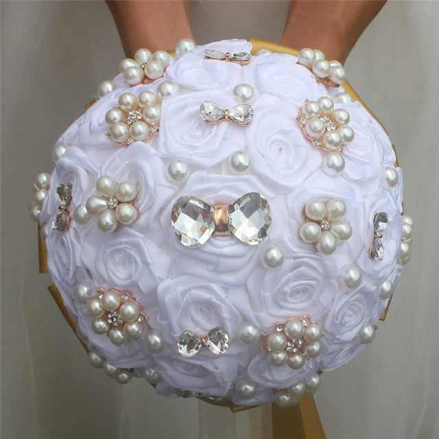 White Wedding Bride Holding Flowers Artificial Bouquet Ribbon Rhinestone Pearl - Acapparelstore