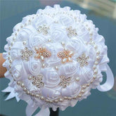 White Wedding Bride Holding Flowers Artificial Bouquet Ribbon Rhinestone Pearl - Acapparelstore