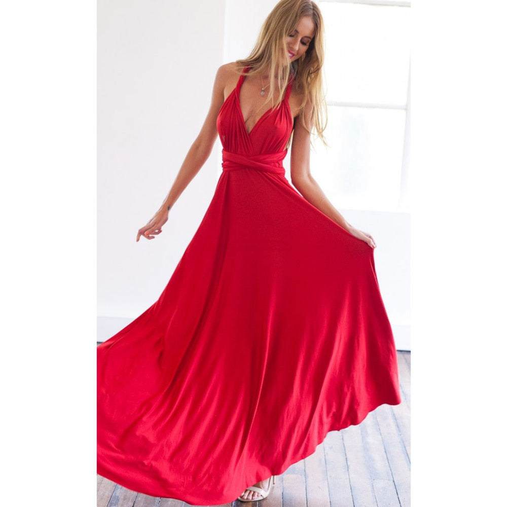 Women's Multiway Wrap Convertible Dress Boho Maxi Club Red Dress - Acapparelstore