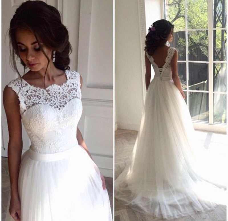 Line Lace Beach Wedding Dress Scoop Neck White Bridal GownA Line Lace Beach Wedding Dress Scoop Neck White Bridal Gown