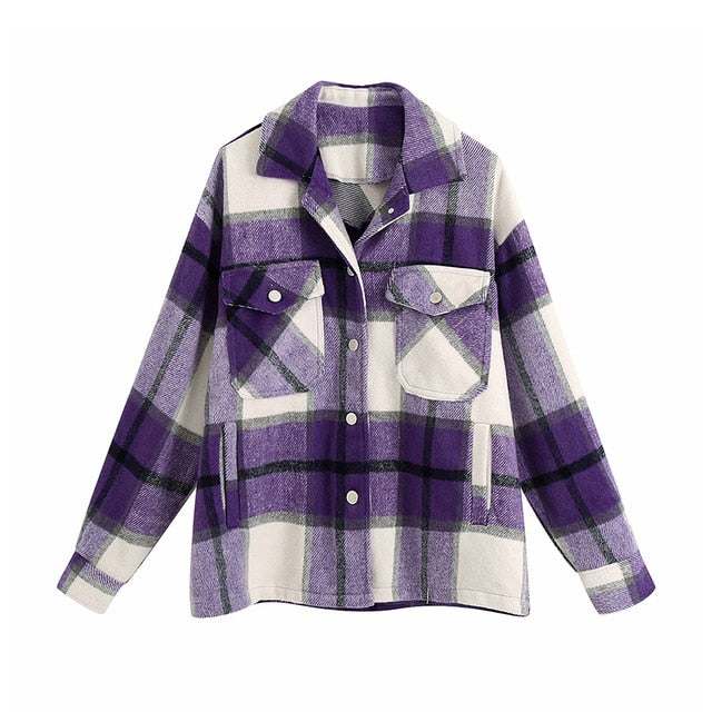 Vintage Stylish Pockets Oversized Plaid Coat 2020 Fashion Lapel CollarWomen&